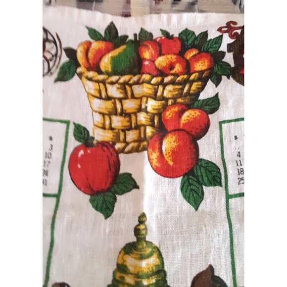 Wall Calendar 1976 Linen Kitchen Tea Towel 16x27 Peaches Teapot Flowers Blessing - Picture 5 of 12